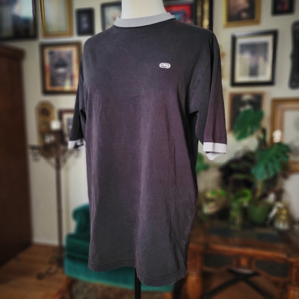 Ecko‎ Unltd T Shirt Vintage Mens Medium Black Grey Ringer Rhino Logo Streetwear